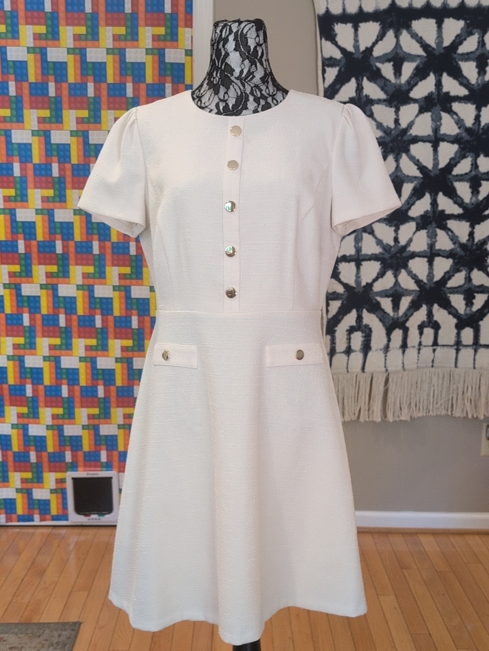 Andrew Marc Cream Textured A-Line Mini Dress with Gold Buttons